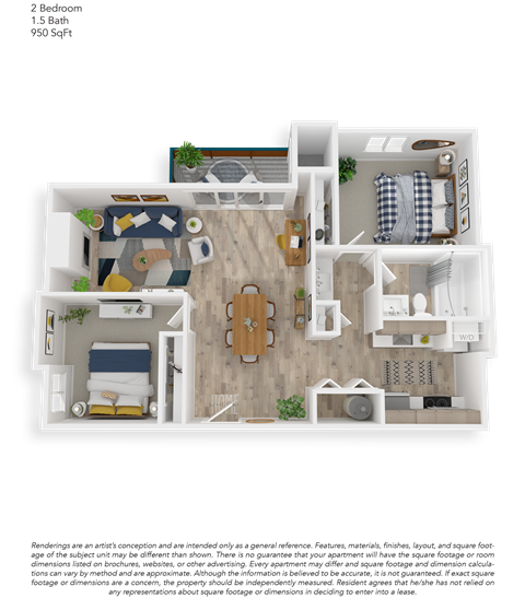 Floor plan for 2 beds, 1.5 baths, 950 sqft